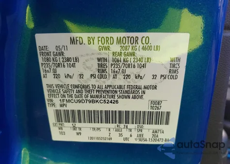 2011 Ford Escape Xlt z USA, uszkodzony, nr VIN 1FMCU9D79BKC52426